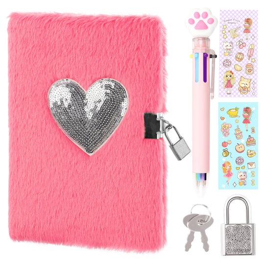 Girls Heart Diary with Lock and Keys - Cute Plush Secret Journal Notebook Gift Ages 6-8 Sequin Heart