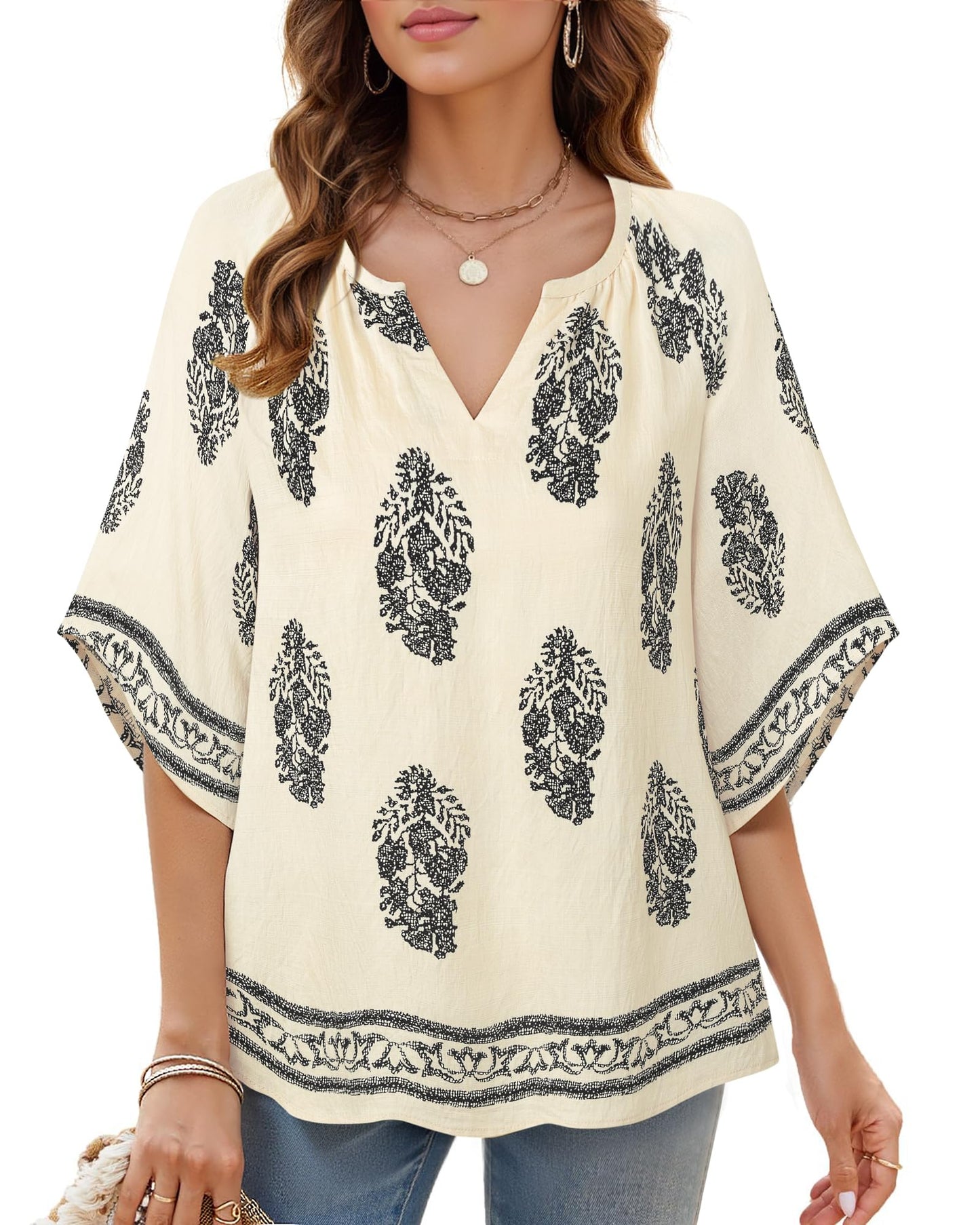 Big & Tall Clothing - Women's 3/4 Sleeve V-Neck Bohemian Peasant Blouse Loose Fit Tunic Top