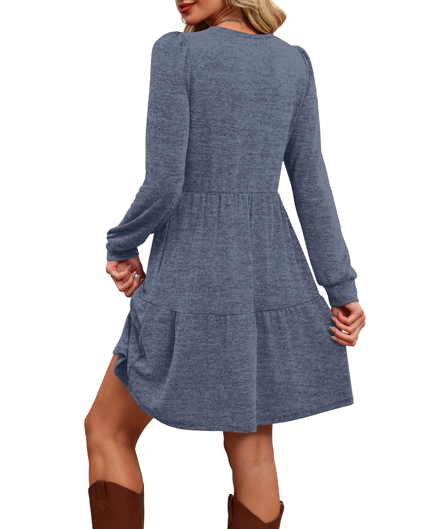 Women's Long Sleeve Fall Dresses with Pockets - Crew Neck Babydoll Casual Dress