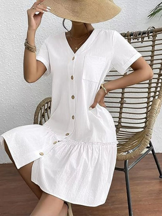 Full Size Button-Front Short Sleeve Tiered Dress Plus Size