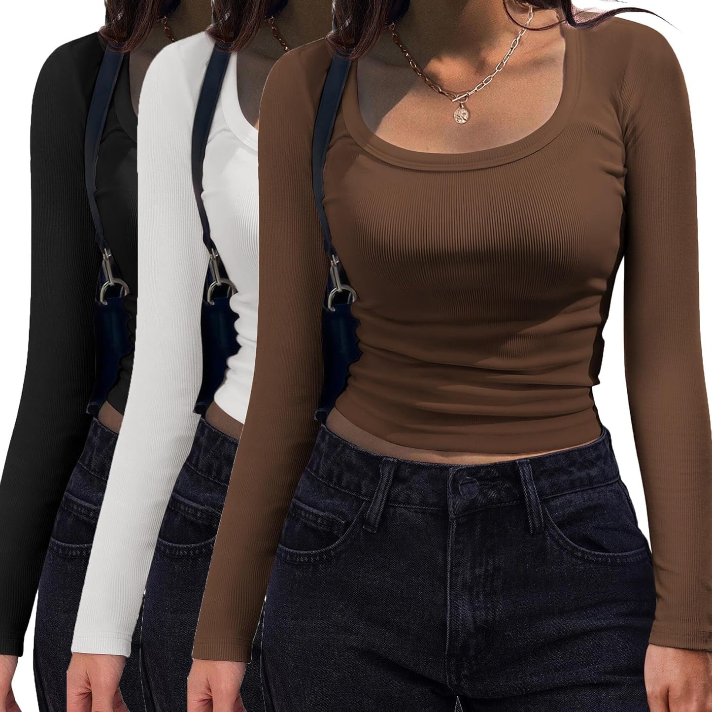 Women's Long Sleeve Scoop Neck Shirt Slim Fit Rib Knit Top Black+white+brown