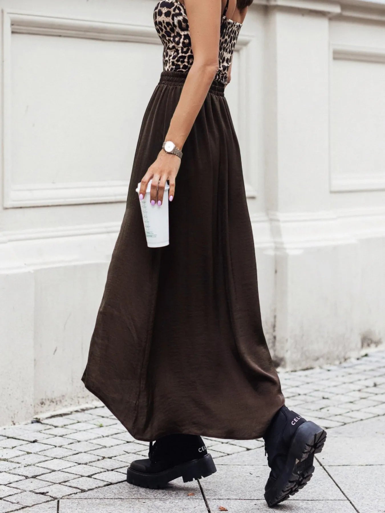 Elastic Waistband High-Slit Maxi Skirt