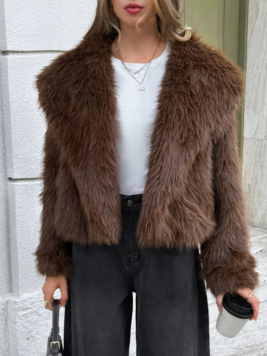 Open Front Faux Fur Cropped Jacket Brown