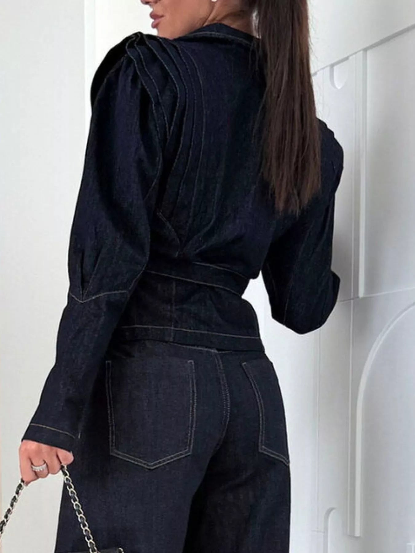 One Button Cropped Denim Jacket with Belted