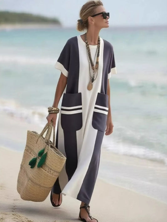 Full Size Color Block Short Sleeve Dress with Pockets Plus Size