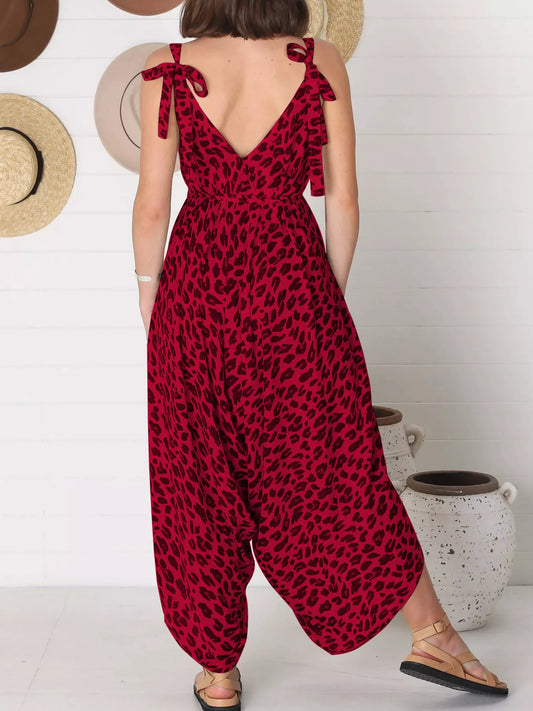 Full Size Leopard Print V-Neck Wide Leg Jumpsuit Plus Size
