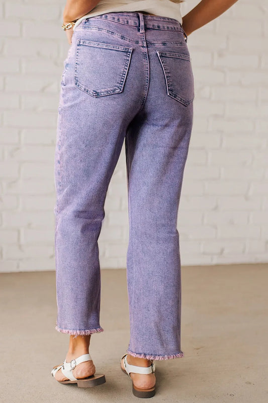 Washed Raw Hem Cropped Jeans