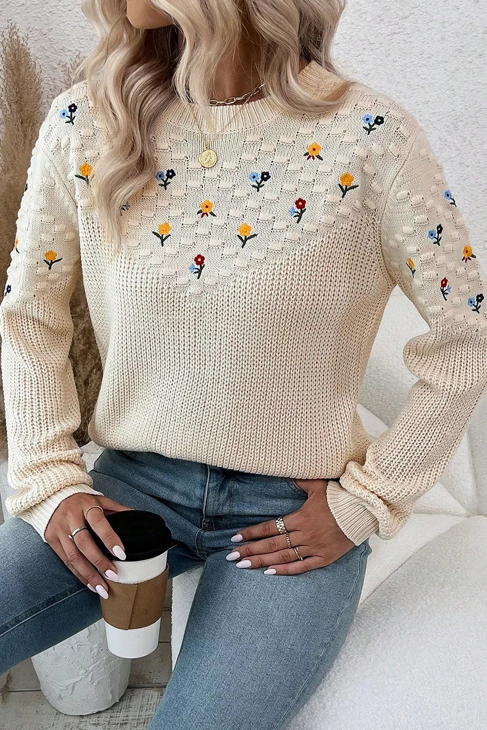 Floral Round Neck Dropped Shoulder Sweater