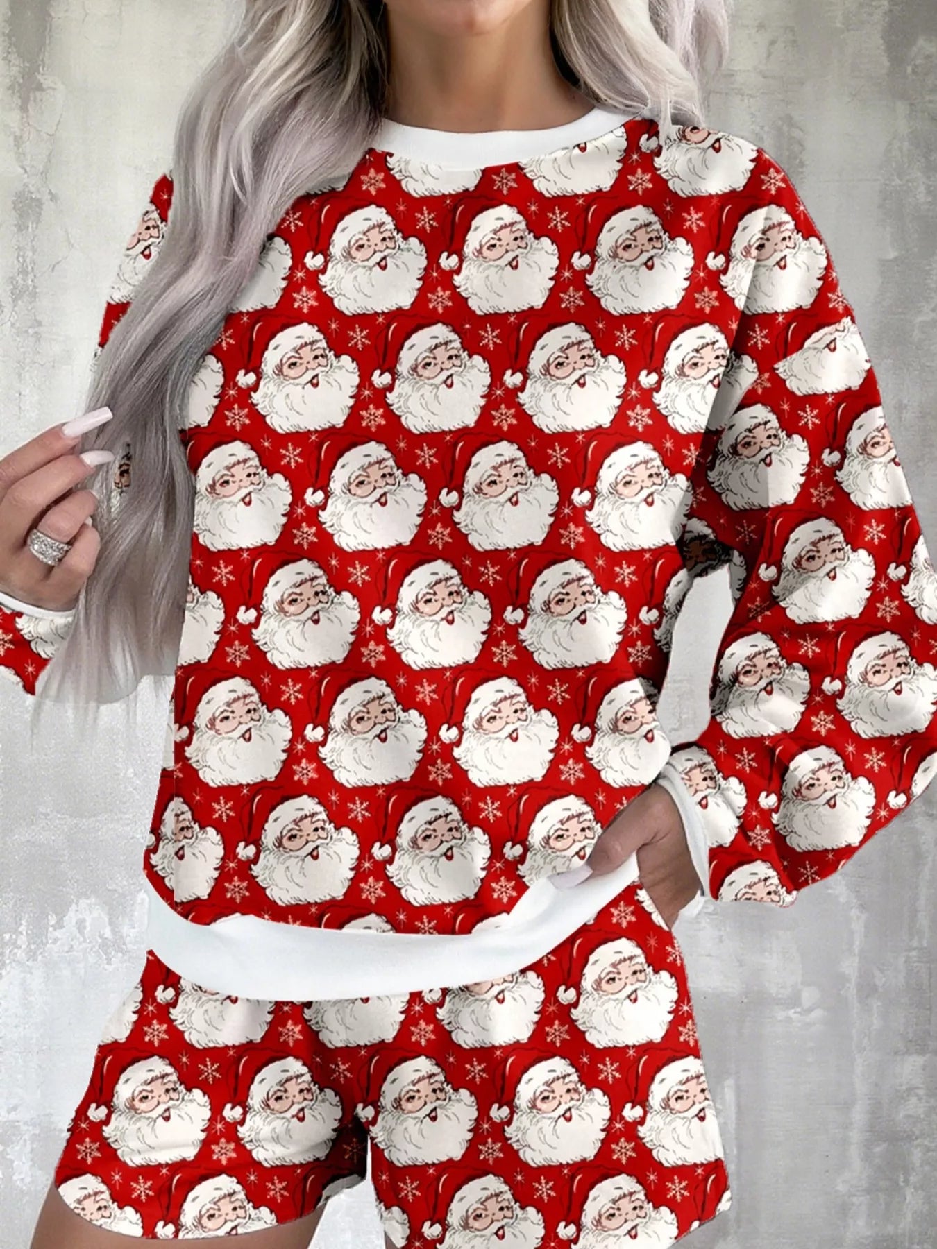 Christmas Santa Print Round Neck Top and Shorts Lounge Set Deep Red