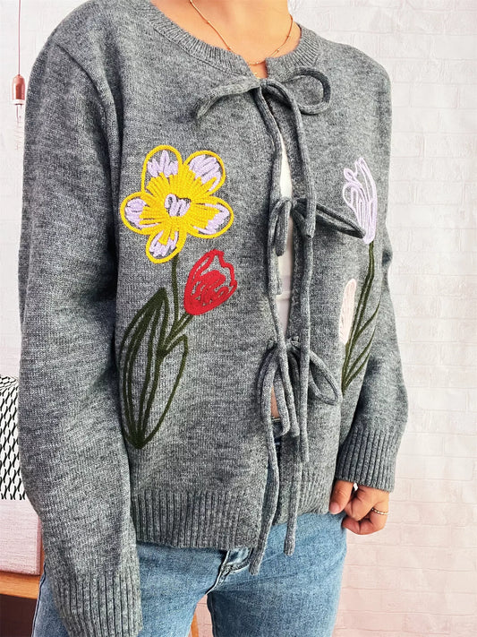 Floral Ribbed Hem Tie Front Cardigan