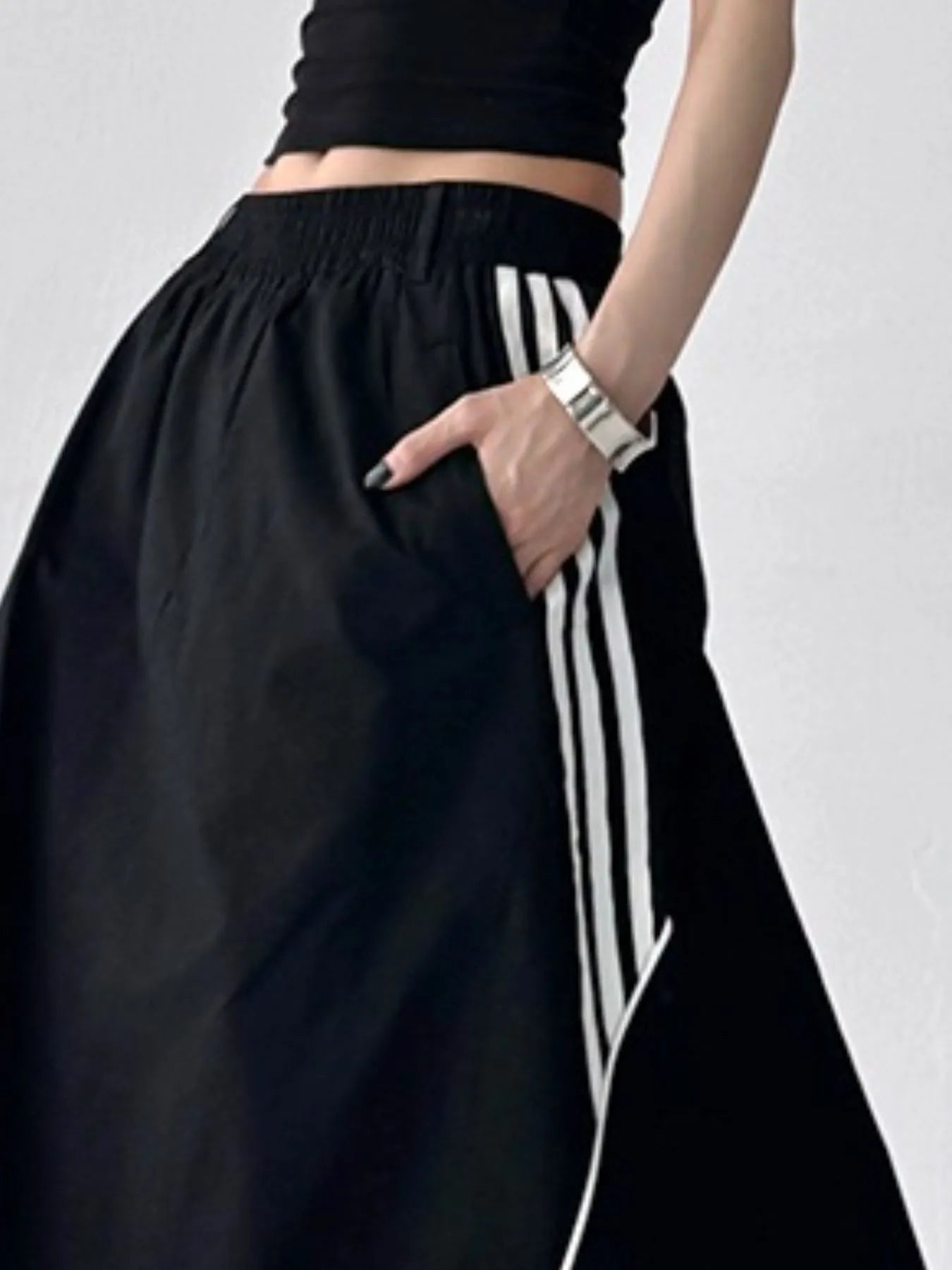 Striped Elastic Waist Maxi Skirt Black