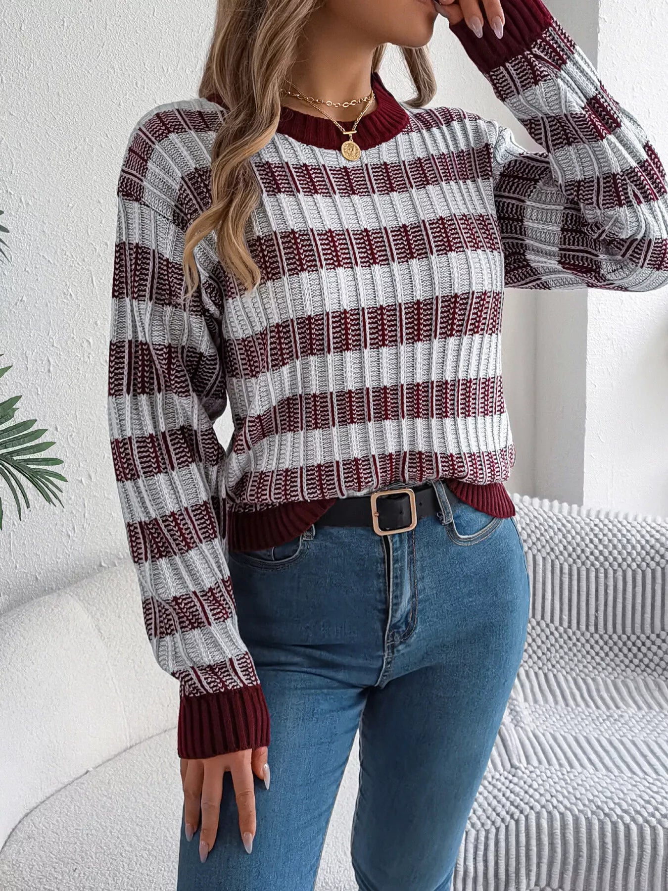 Striped Round Neck Long Sleeve Sweater