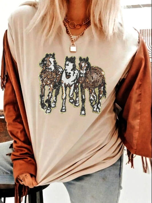 Sequin Horses Patched Casual Crewneck T Shirt