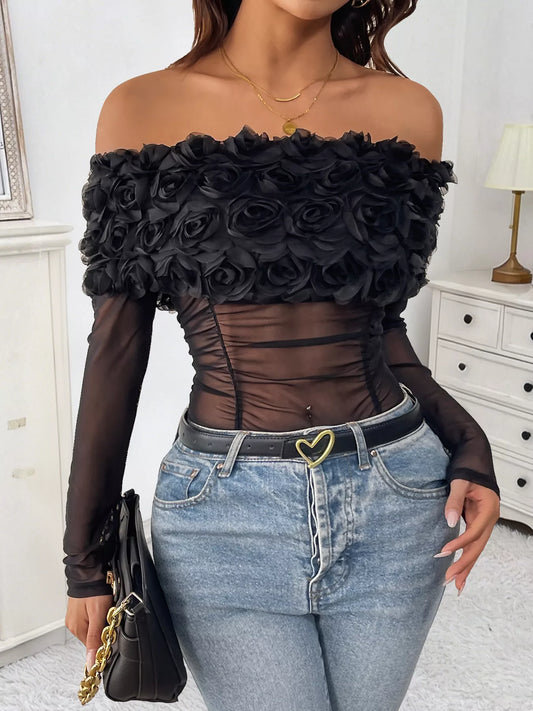 Flower Off-Shoulder Mesh Bodysuit