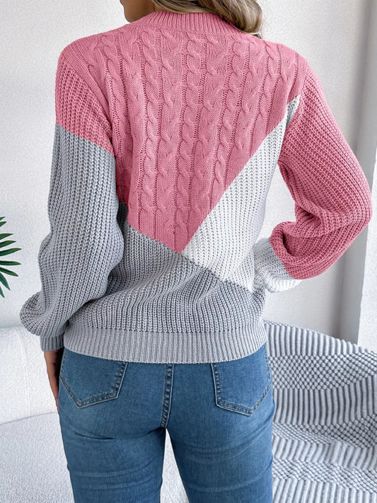 Color Block Cable Knit Long Sleeve Sweater
