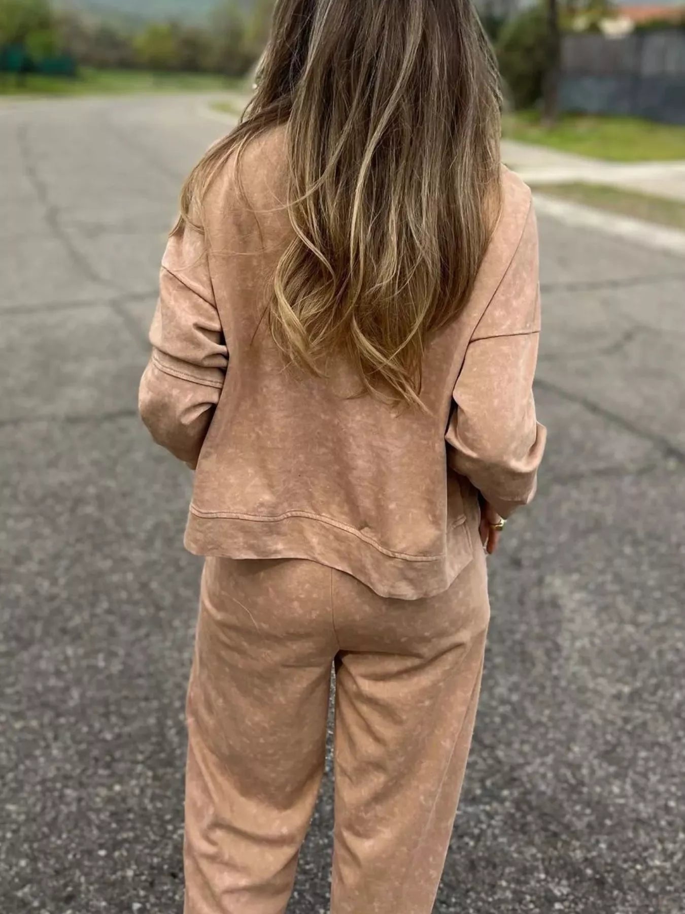 Full Size Washed Round Neck Top and Drawstring Pants Set Plus Size