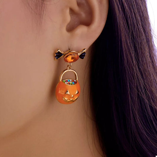 Halloween Rhinestone Pumpkin Dangle Earrings