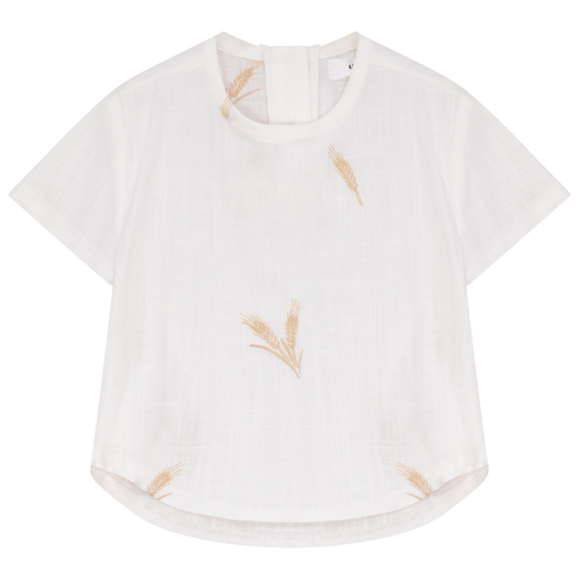 Wheat Embroidered T-Shirt White Beige Leafs