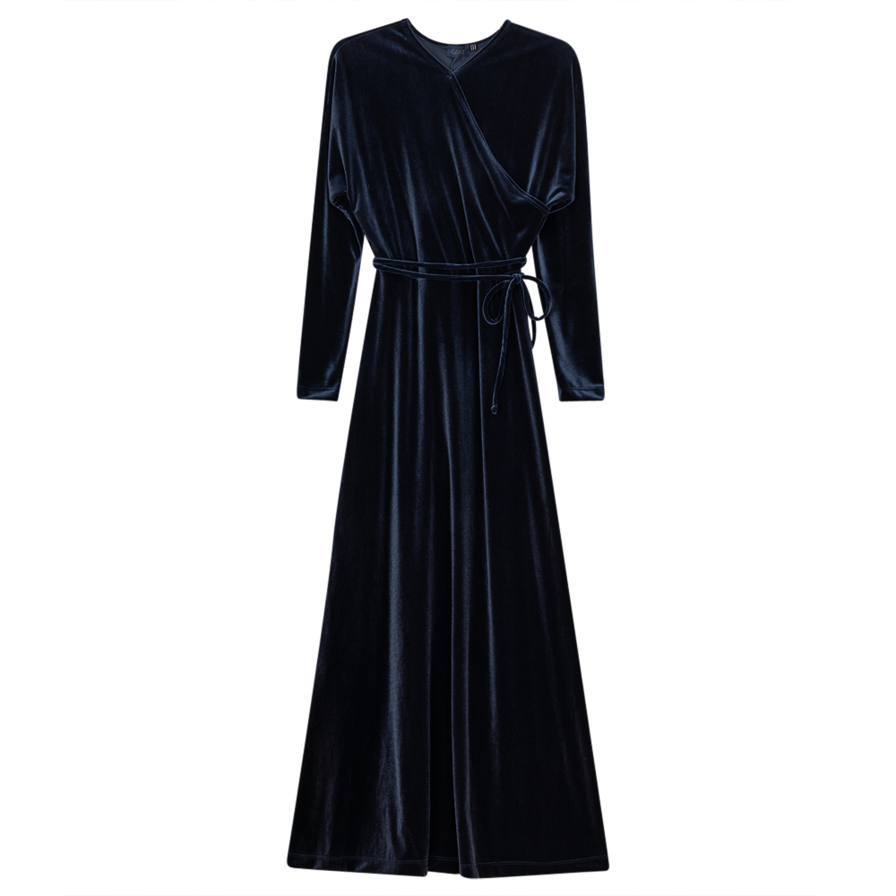 Diagonal Velour Wrap Dress Blue