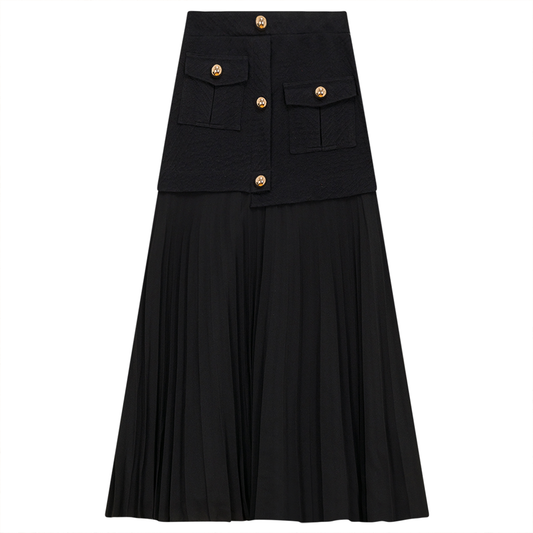 Pleated MIDI Skirt with Pockets Black