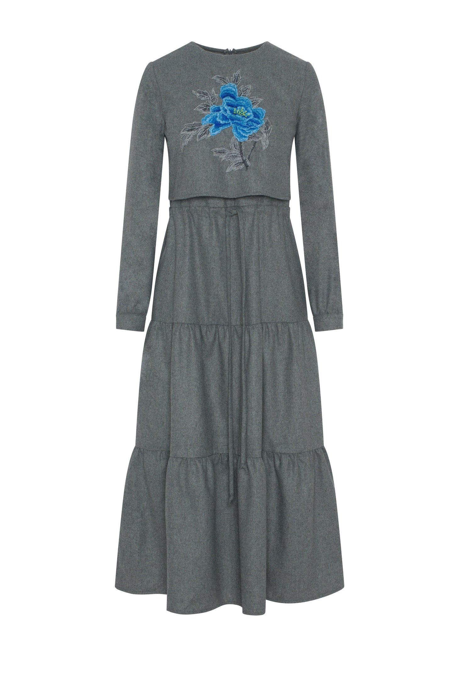 Tiered Floral Embroidered Dress Grey