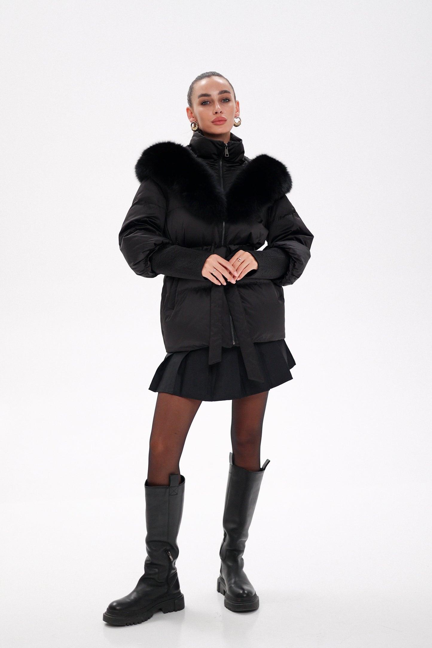 Amanda Genuine Fur Trim Down Fill Coat M L Black