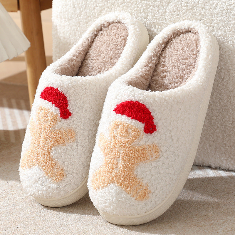 Gingerbread Man Pattern Cotton Slippers Indoor Home Plush Warm Slippers White