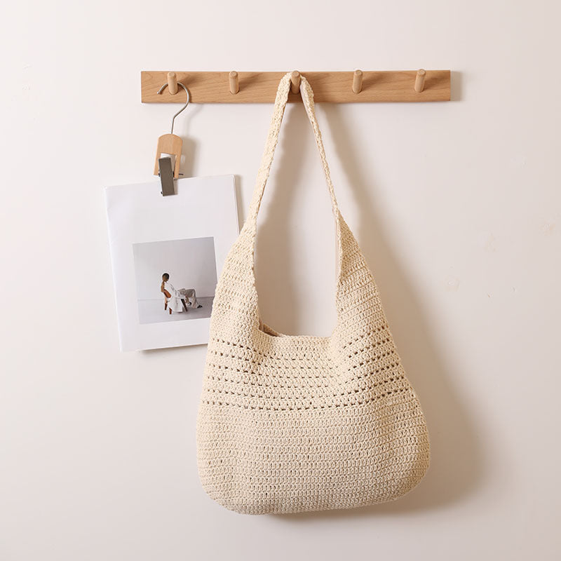 Idle Large Capacity Cotton Thread Woven Bag Hollow Out Cutout Shoulder Straw Bag Vacation Beach Bag Casual Women Bag One Size M