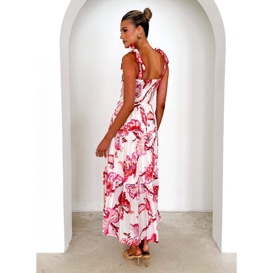 Spring Summer Floral Printed Sling Smocking Elastic Waist Knotted Shoulder Strap Large Swing Dress Long