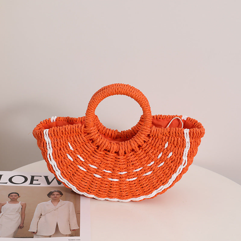 Fresh Candy Colored Watermelon Portable Straw Weaved Bag Cute Fruit Woven Bag Seaside Vacation Beach Bag One Size Small Orange