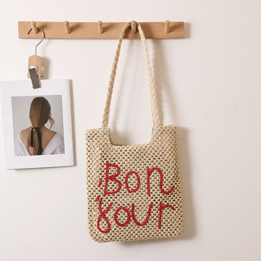 Letter Graphic Embroidery One Shoulder Straw Bag Hollow Out Cutout out Straw Bag Woven Bag Vacation Beach Bag Women Bag One Size Letter Concave Beige Letters
