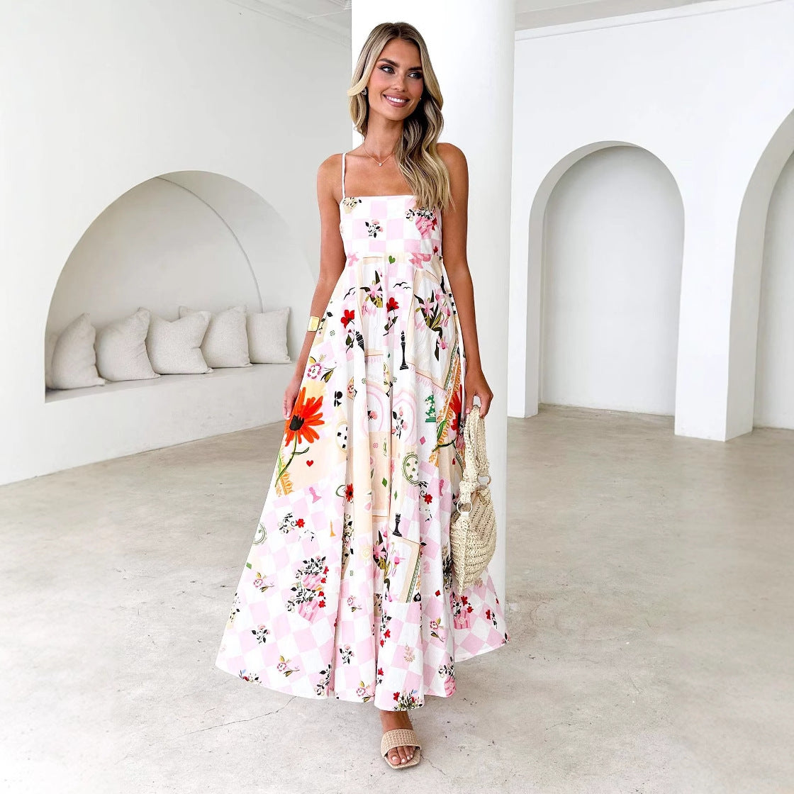 Summer Printed Backless Sexy Suspenders Large Swing High Waist Dress Women Pink plaid flower
