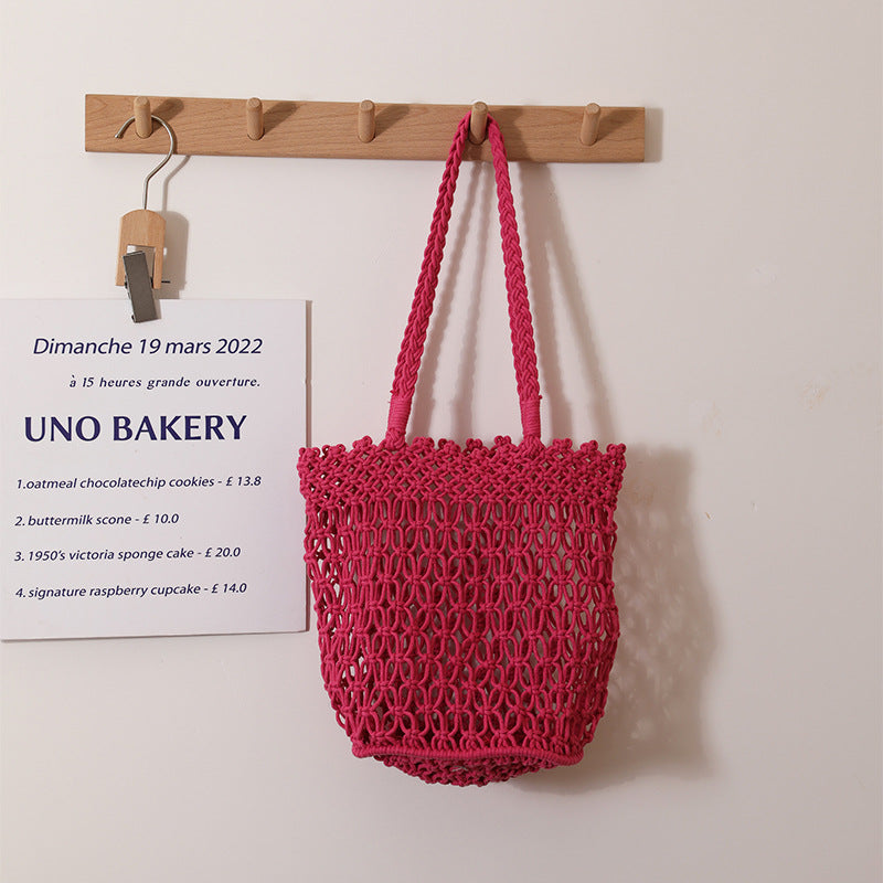 Hollow Out Cutout Shoulder Cotton Thread Woven Bag Lace Straw Bag Vacation Beach Bag Women Bag One Size Rose Red