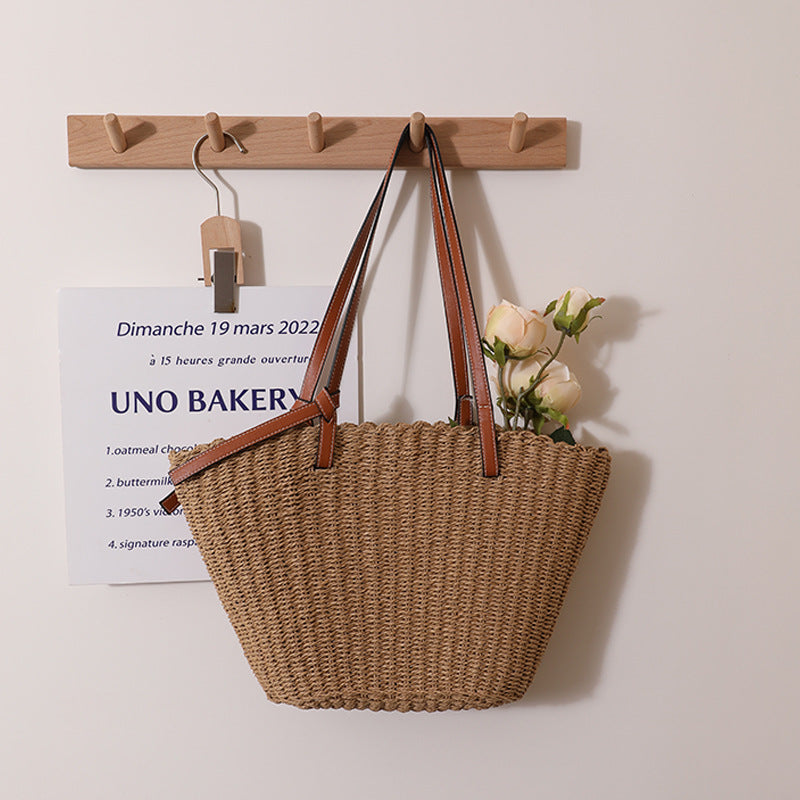 Simple Shoulder Straw Bag Large Capacity Woven Tote Women Bag Seaside Vacation Beach Bag One Size No Hanging Coffee