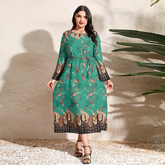 Plus Size Ethnic Loose Maxi Dress Cashew Printed Long Sleeve Dress Green