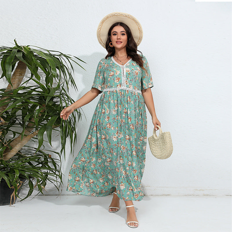 Plus Size V neck Printed Dress Lace Stitching Loose Floral Dress Beach Vacation Beach Dress Mint