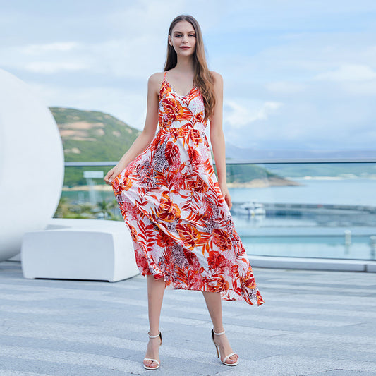 Backless Dress Women Bohemian Printed V neck Split Dress Orange