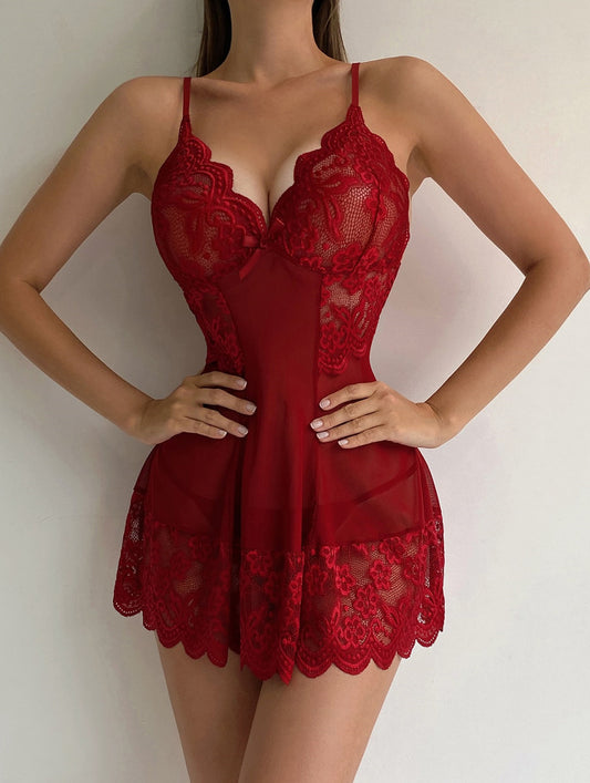 Sexy Hollow Out Cutout Out See Through Printed Lace Slip Nightdress Sexy Lingerie Suit Red