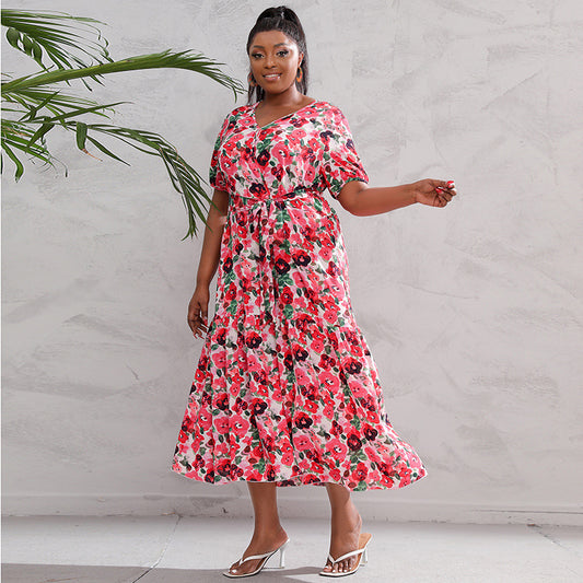 Super Fairy V neck Floral Print Dress Seaside Holiday Beach Loose Waist Long Dress Red