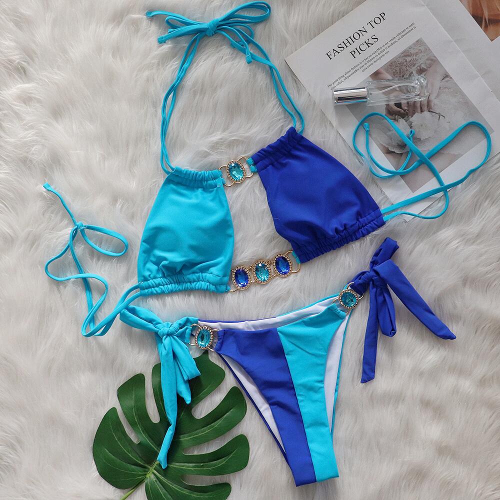 Baizi Crystal Diamond Bikini Sexy Patchwork Strap Women Split Swimsuit 8