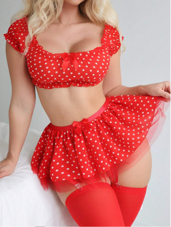 Women Sexy Split off Shoulder Skirt Dot Mesh Sexy Lingerie Set Red
