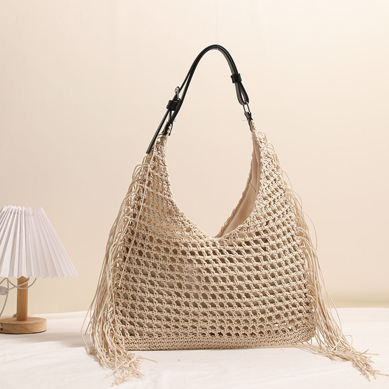 Tassel Shoulder Straw Bag Hollow Out Cutout Woven Bag Seaside Vacation Beach Bag Large Capacity Straw Bag One Size Belt Hollow Tassel M