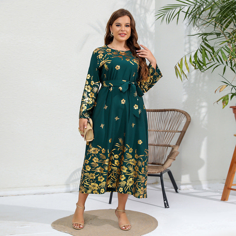 Plus SizeAutumn Winter Loose Dress Bronzing Printed Long Sleeve Plump Girls Dress