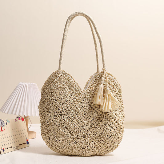 Hollow Out Cutout Tassel Straw Bag Large Capacity Shoulder Woven Bag Vacation Beach Bag Women Bag One Size Grandmother Plaid Tassel