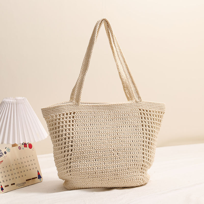 Large Capacity Cotton Thread Woven Bag Hollow Out Cutout Shoulder Straw Bag Vacation Beach Bag Women Bag One Size Cream
