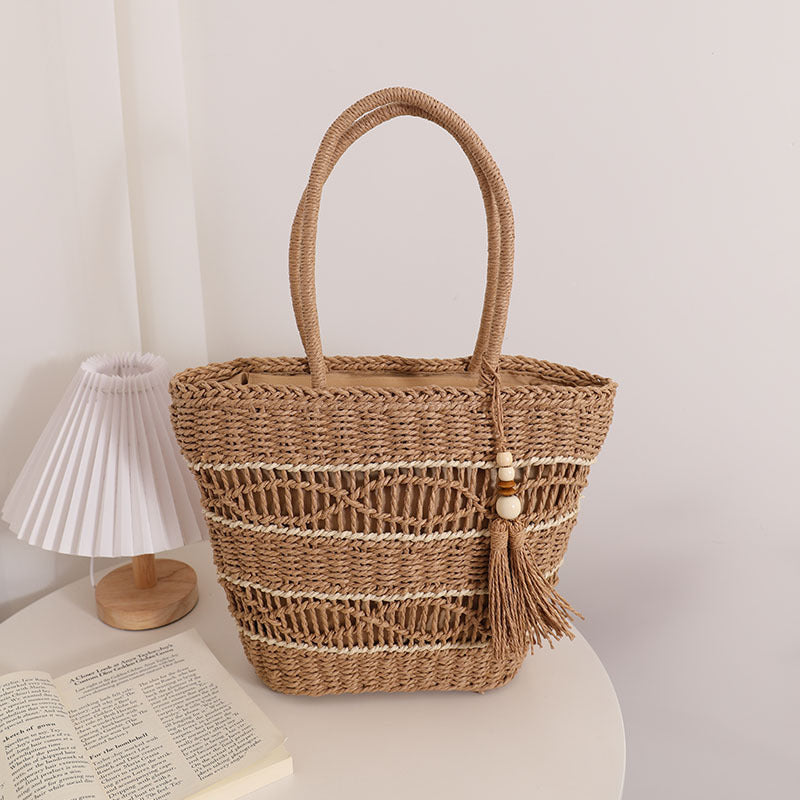 Hollow Out Cutout Shoulder Straw Bag Tassel Portable Straw Bag Woven Bag Vacation Beach Bag Women Bag One Size Coffee