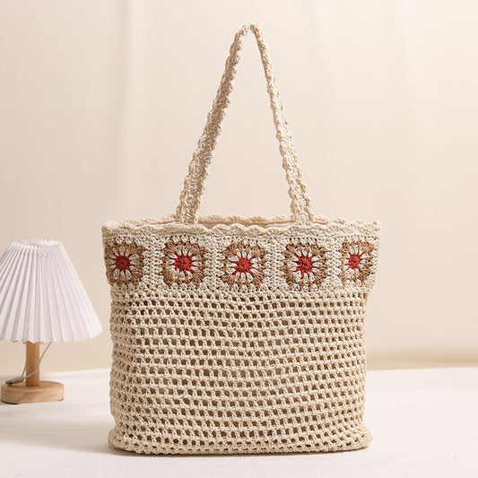 Single Shoulder Cotton Thread Woven Bag Floral Cutout Straw Bag Seaside Vacation Beach Bag One Size Cream