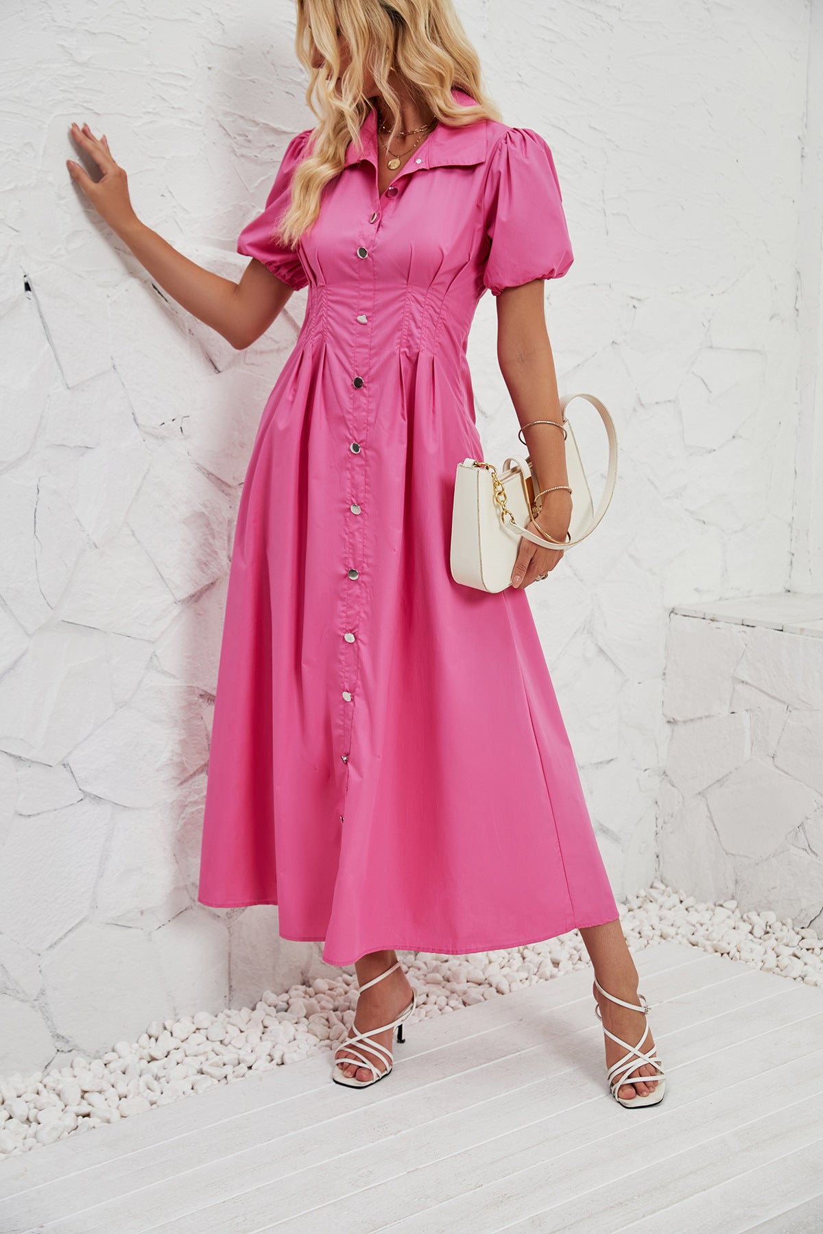 Summer Solid Color Elegant Slim High Waist Tight Waist Button Mid Length Dress Women Pink