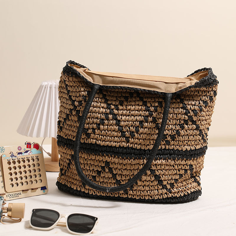 Retro Rhombus Shoulder Straw Bag Straw Bag Woven Bag Vacation Beach Women Bag
