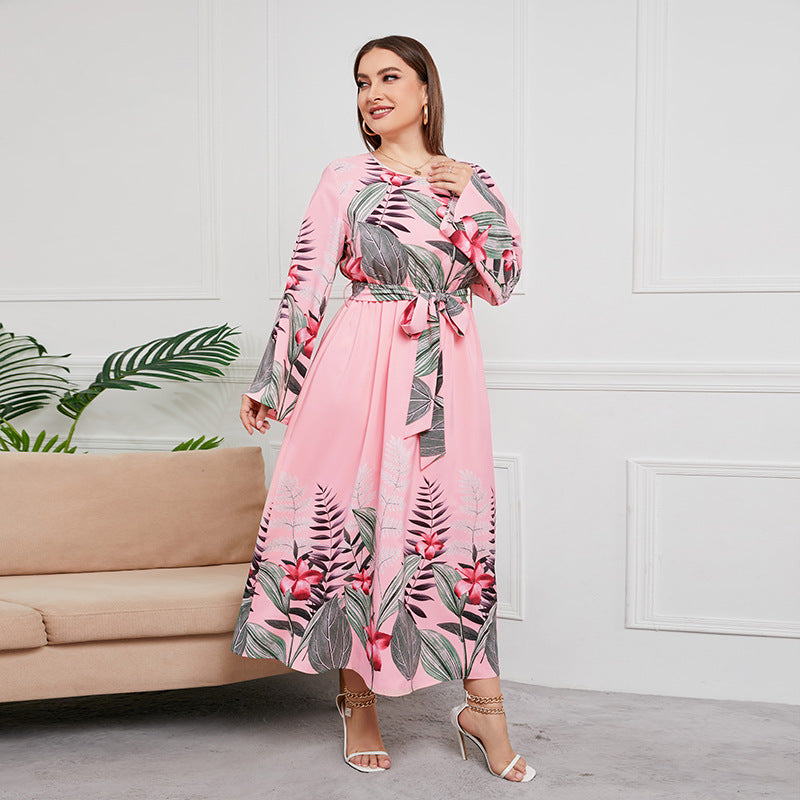 Plus Size Printed Long Sleeve Dress High Waist Lace up Vacation Swing Maxi Dress Pink